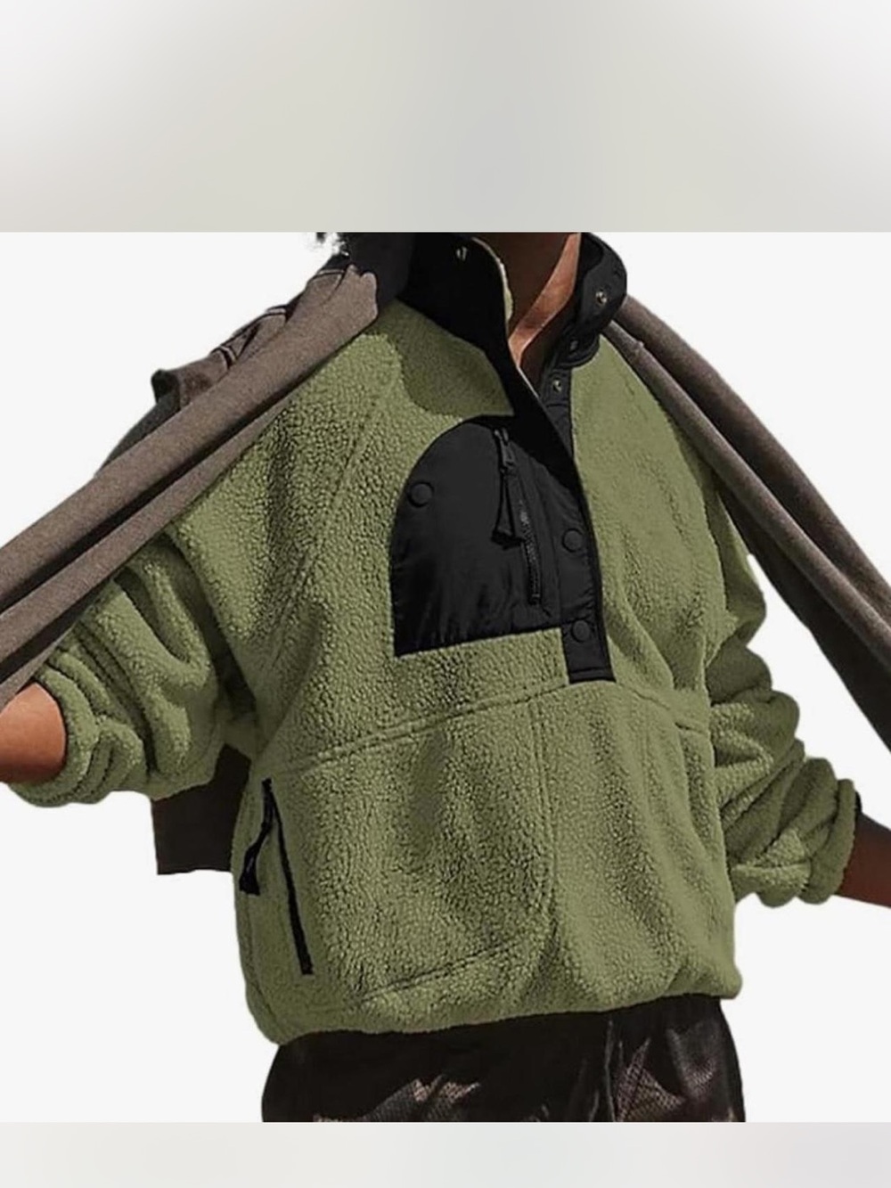 AOANG Sherpa Fleece Pullover Olive Green Snap Neck Quarter Snap Jacket Medium